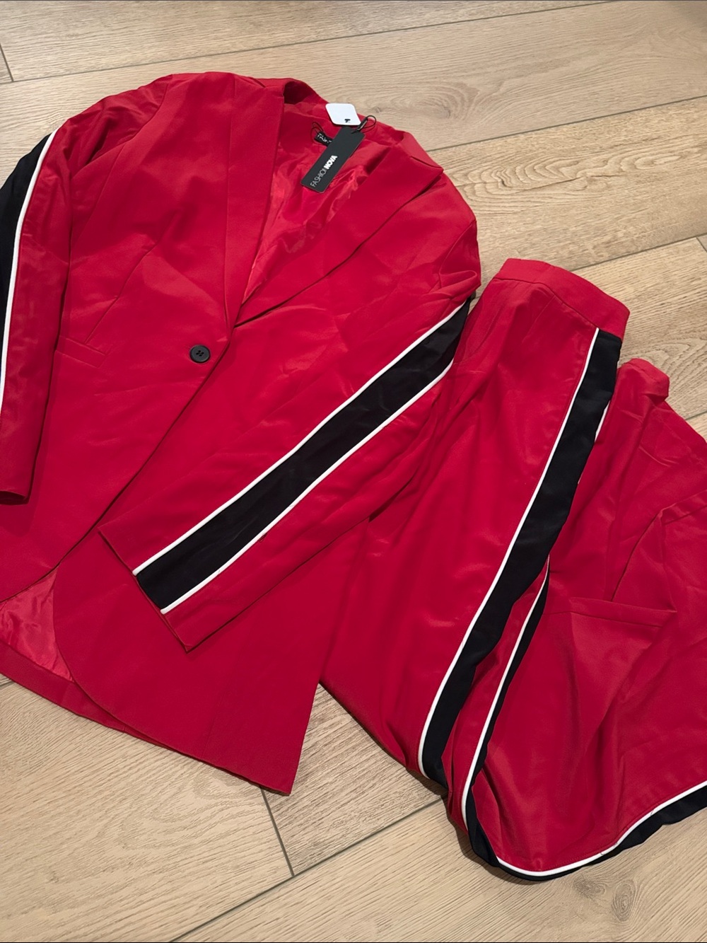 Fashion Nova Red Blazer and Track Pants Set with Black & White Stripe